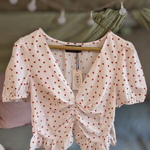 Cider White Blouse with Red Polka Dots and Ruched Front